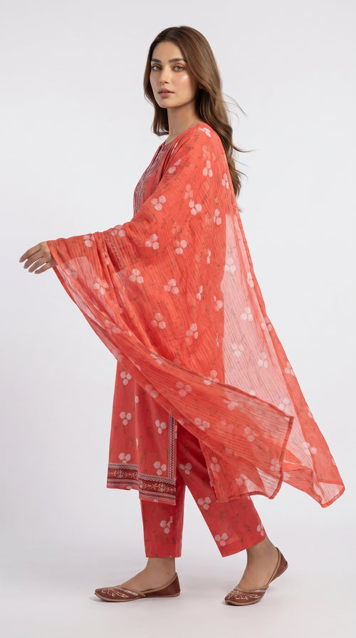 Coral Red Floral Printed 3-Piece Pakistani Suit with Embroidered Neckline