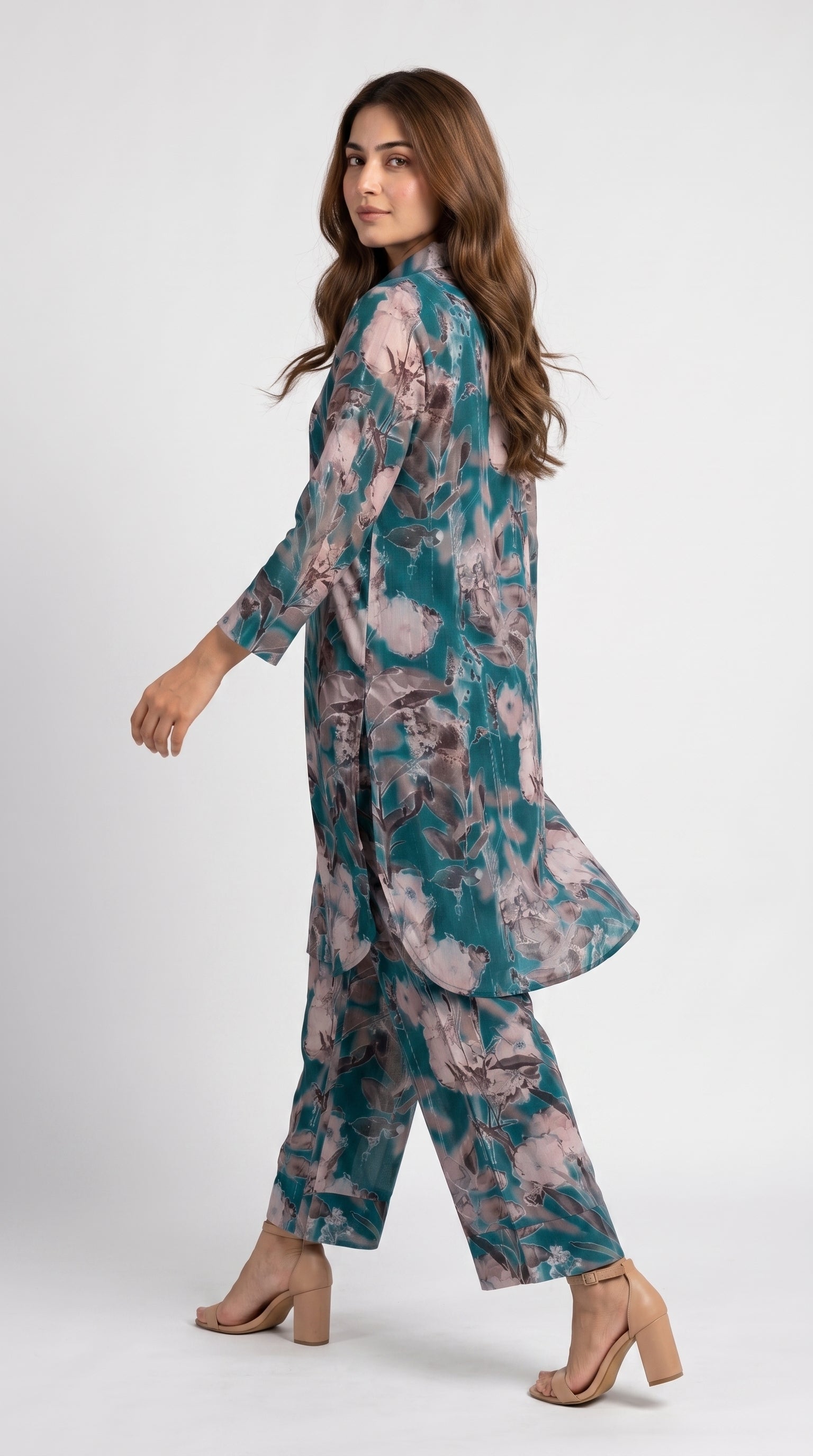Teal Floral Printed Co-Ord Kurta Trouser Set for Women