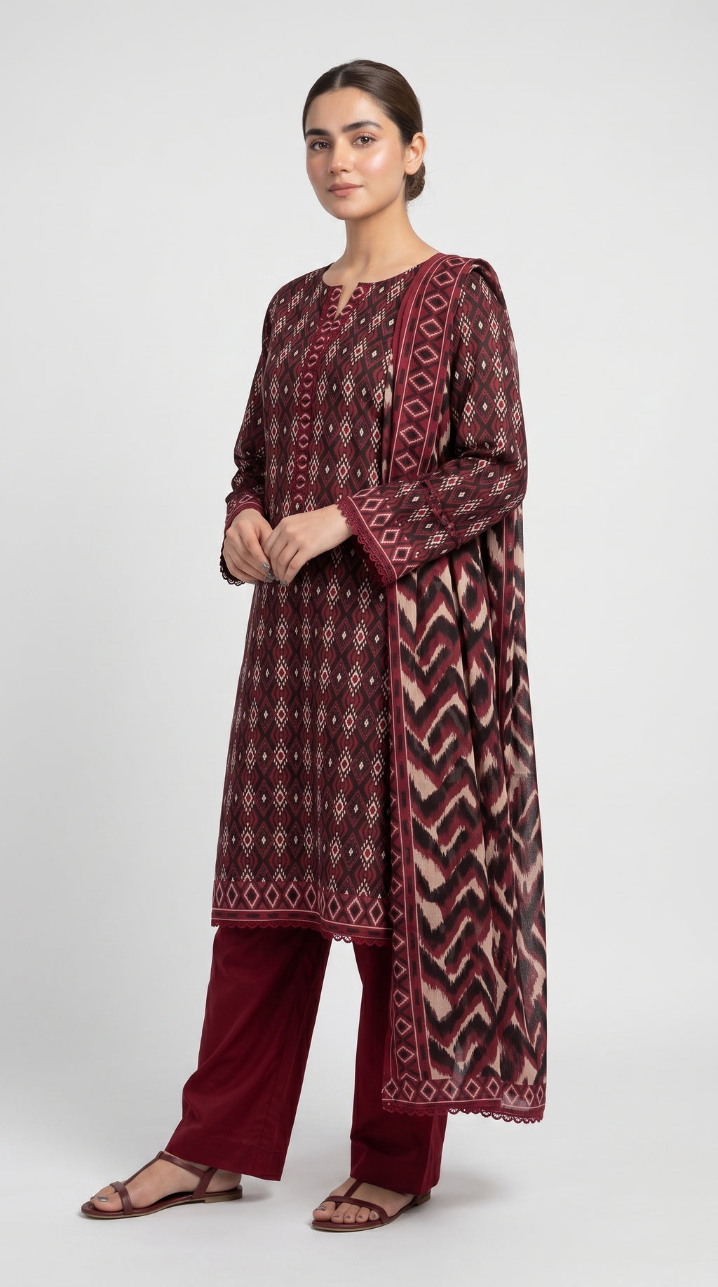 Maroon Geometric Printed 3-Piece Pakistani Suit with Printed Dupatta