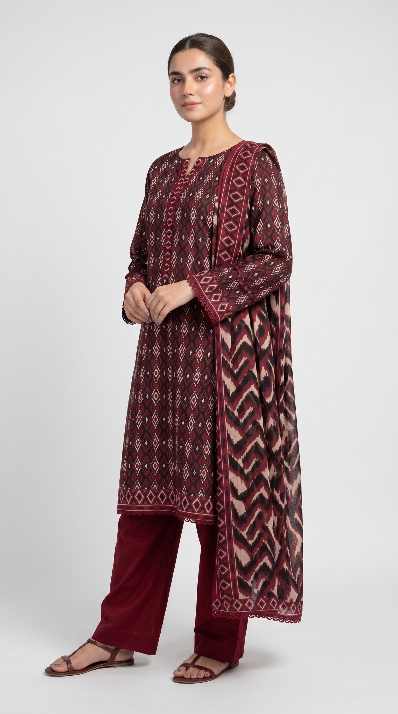 Maroon Geometric Printed 3-Piece Pakistani Suit with Printed Dupatta