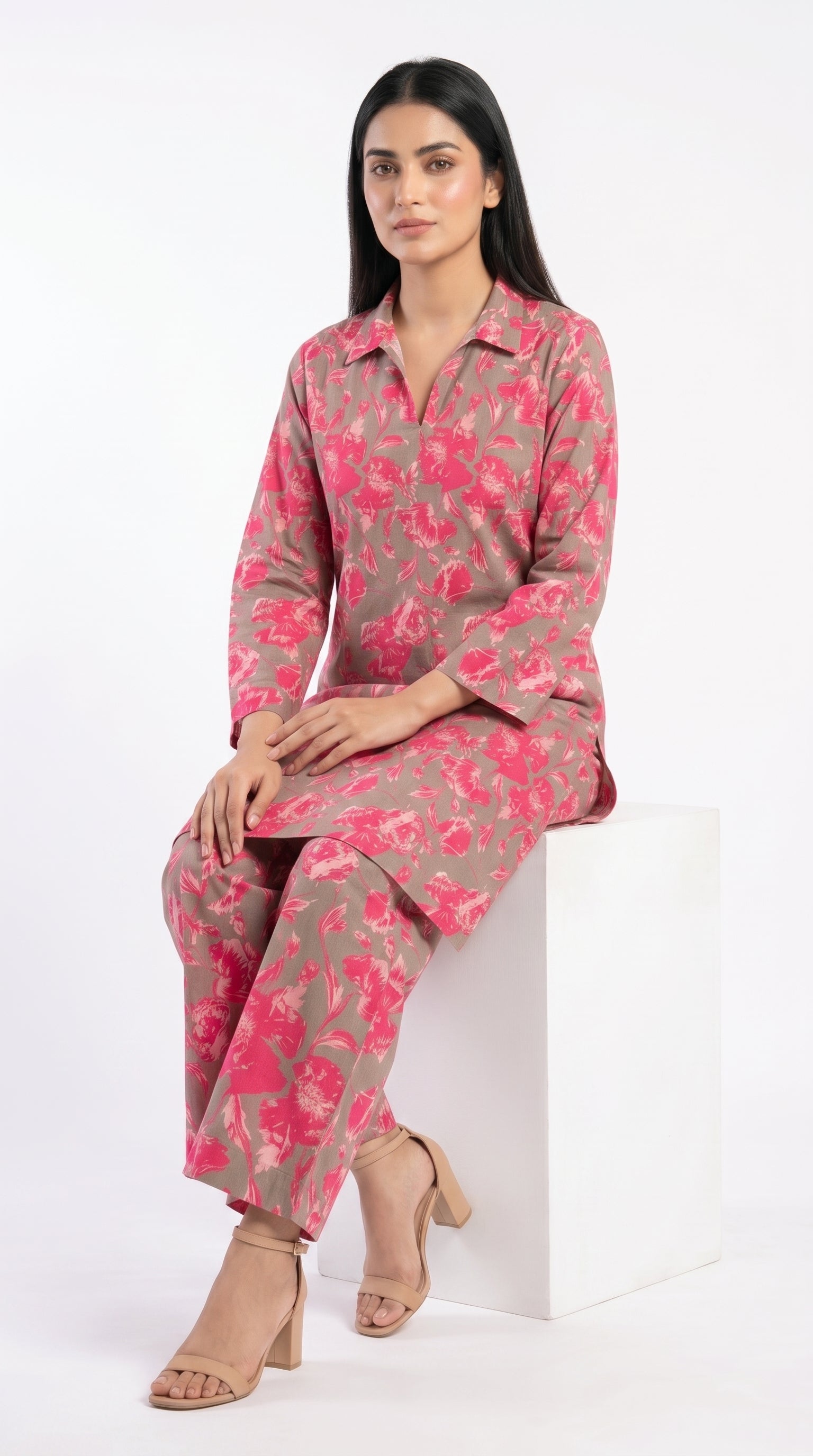 Pink Floral Printed 2 Piece Suit for Women .
