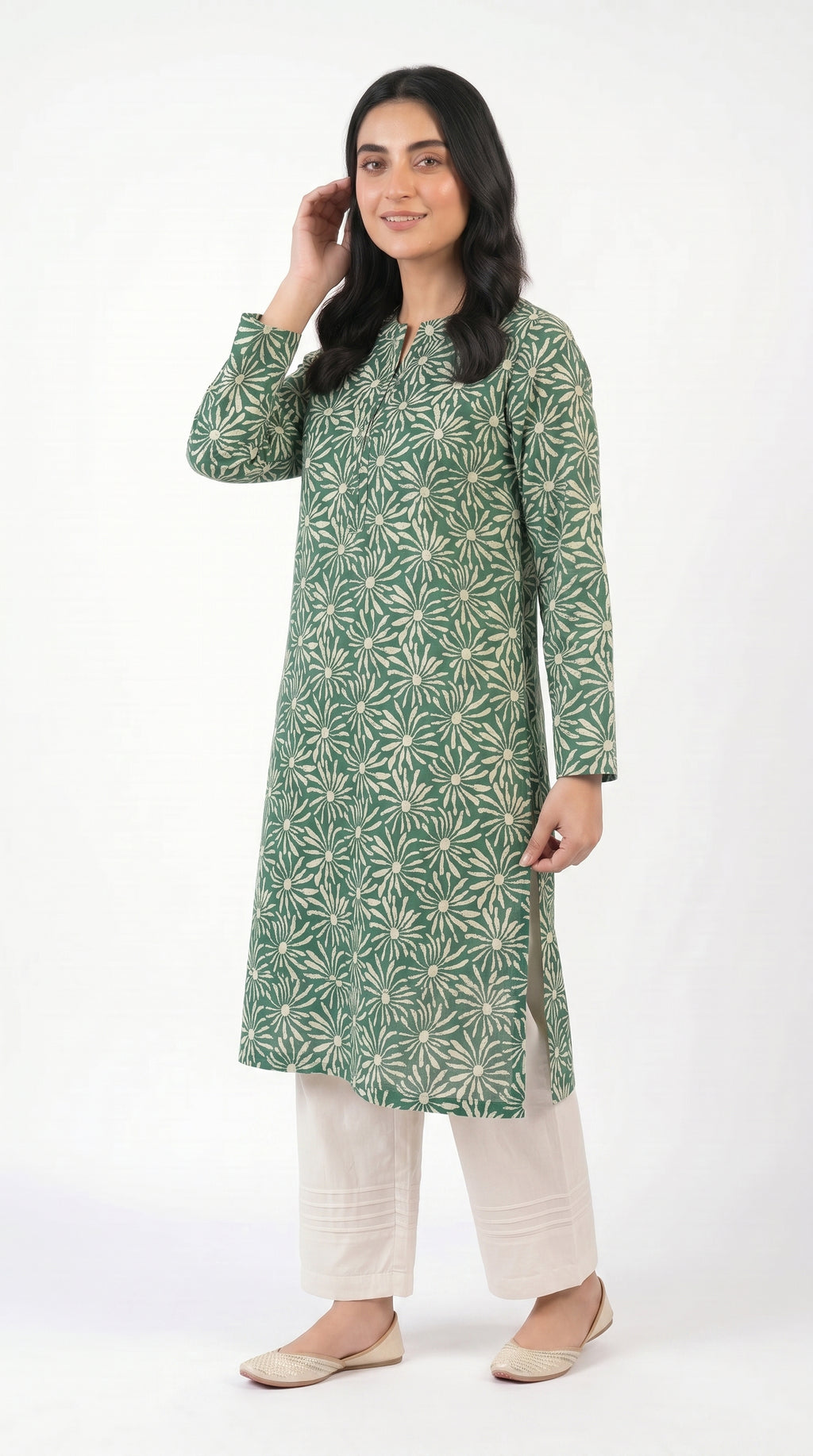 Emerald Daisy Print Kurta Trouser Set for Women