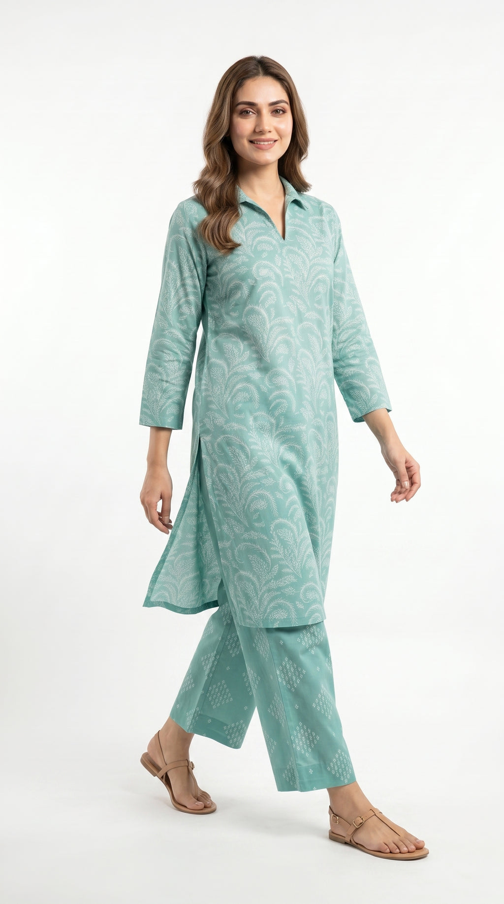 Mint Green Printed 2 Piece Suit for Women.