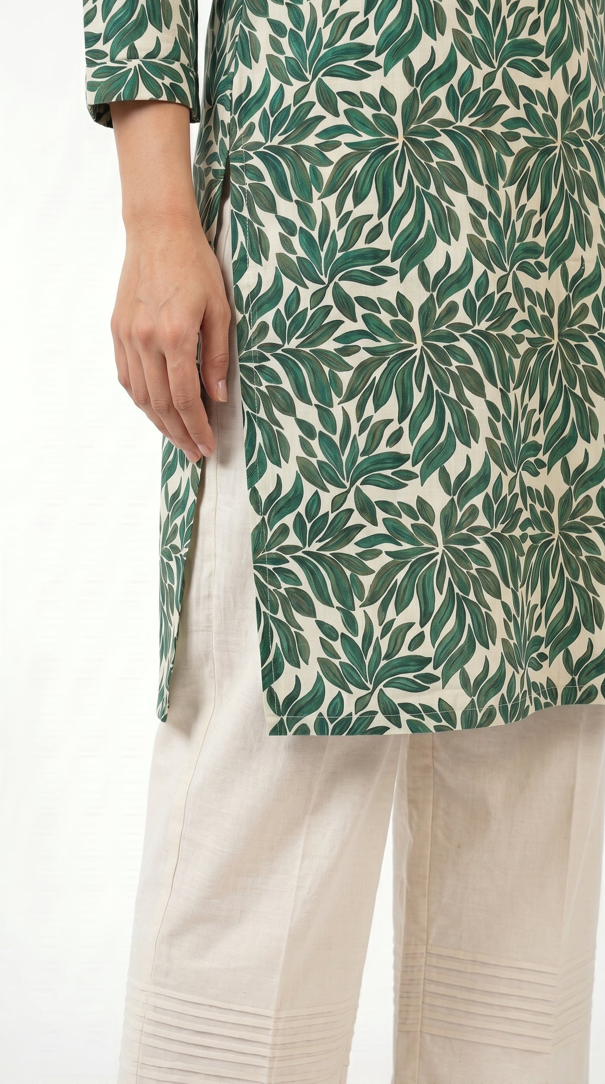 Emerald Leaf Print Kurta Trouser Set for Women