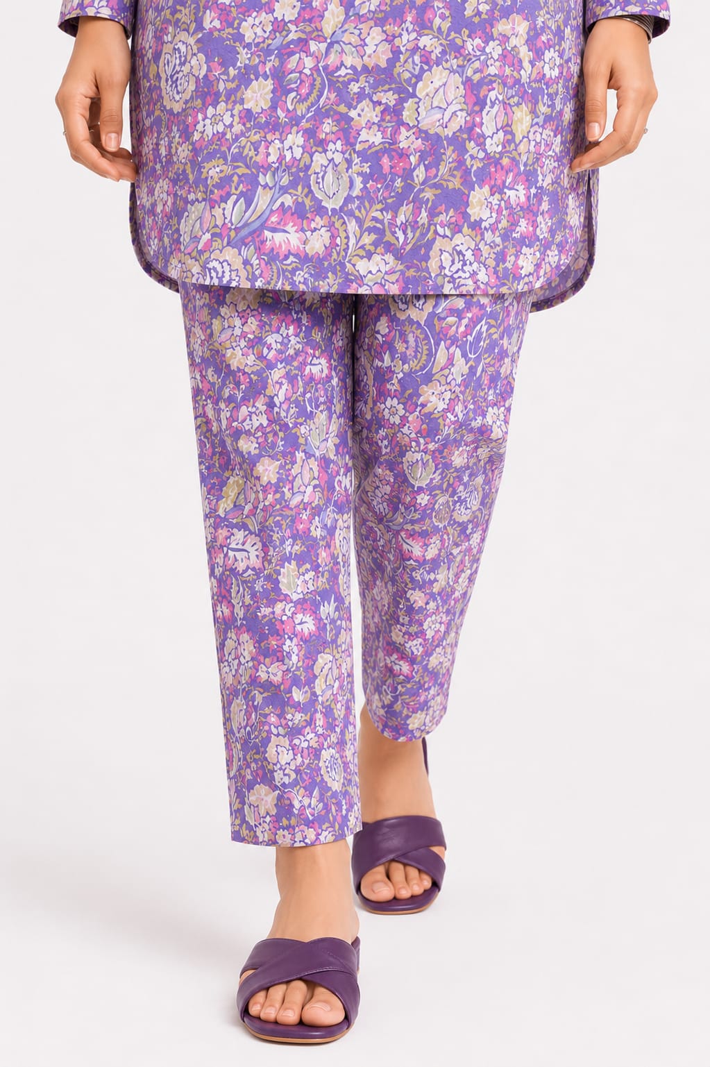 Purple Floral Printed Co-Ord Kurta Trouser Set for Women