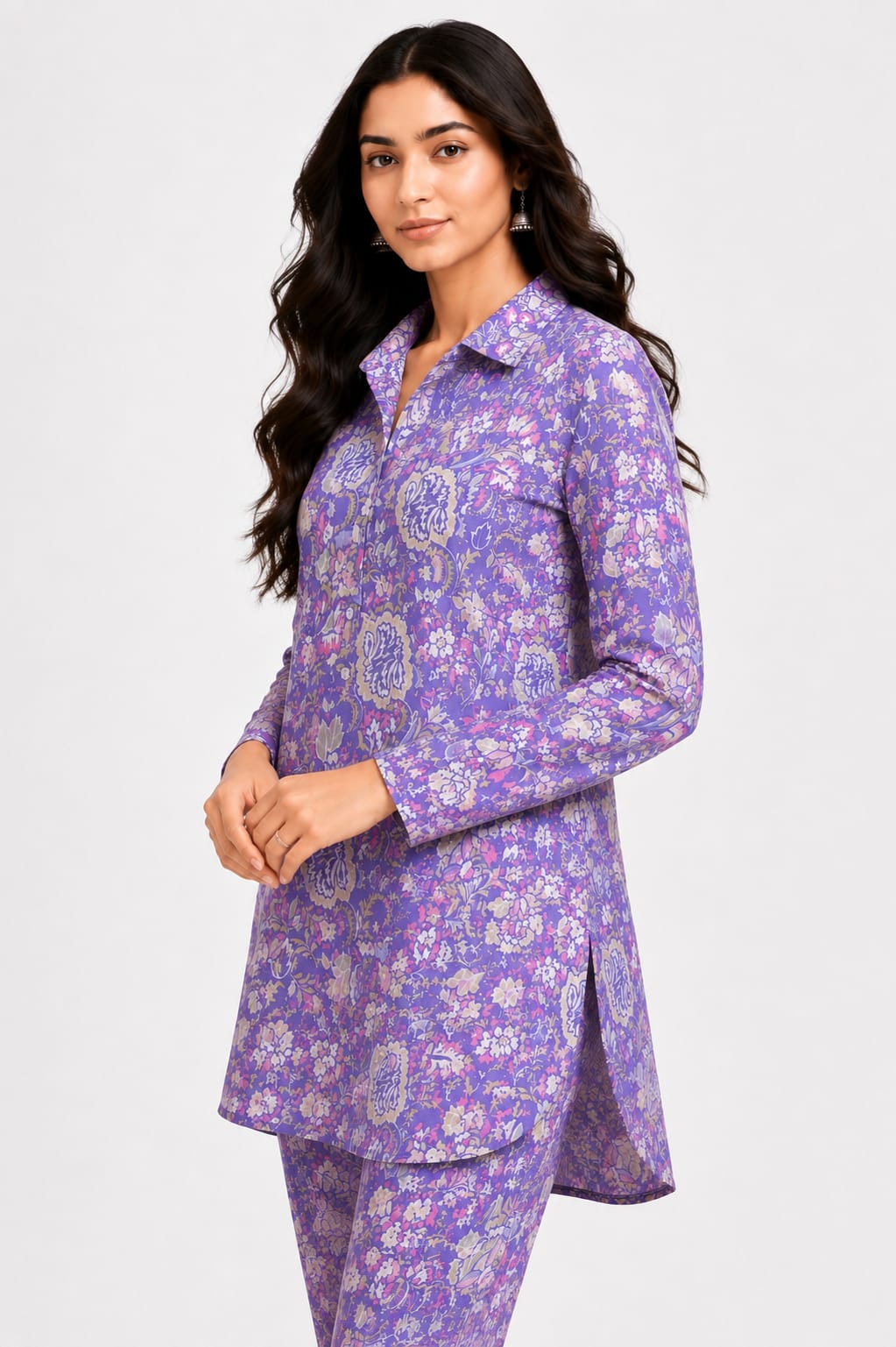 Purple Floral Printed Co-Ord Kurta Trouser Set for Women
