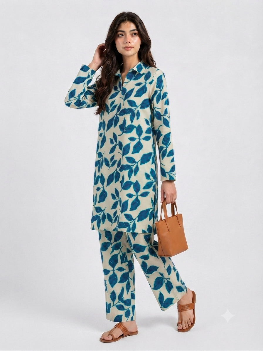 Blue Leaf Printed 2 Piece Suit for Women