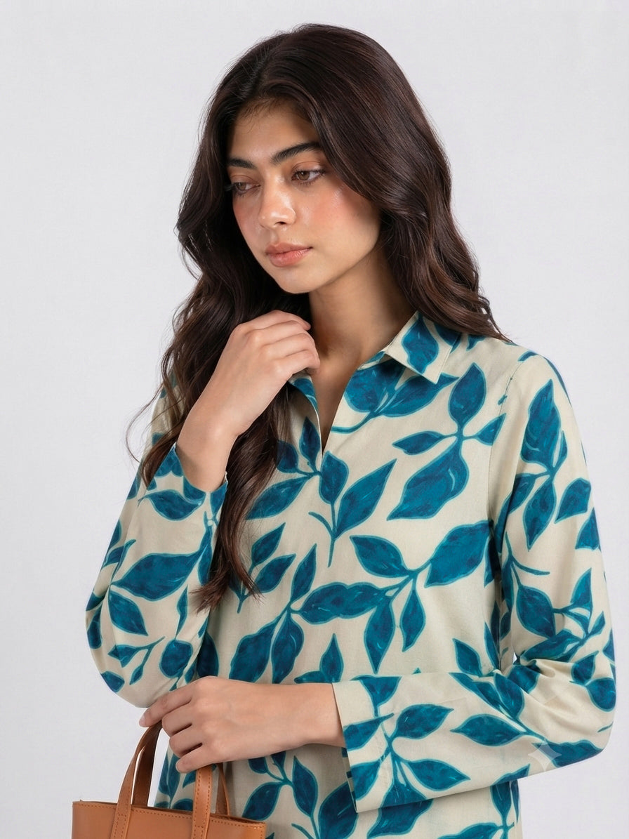 Blue Leaf Printed 2 Piece Suit for Women