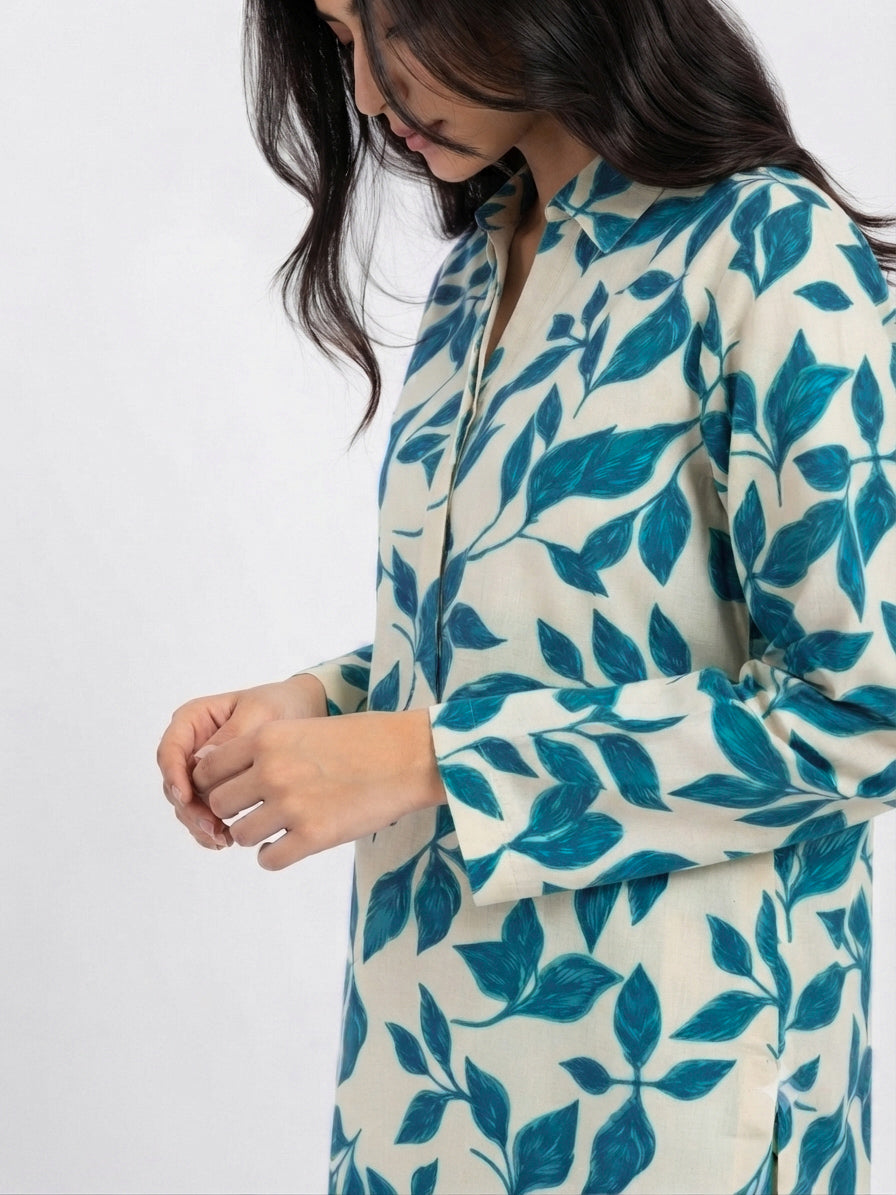 Blue Leaf Printed 2 Piece Suit for Women