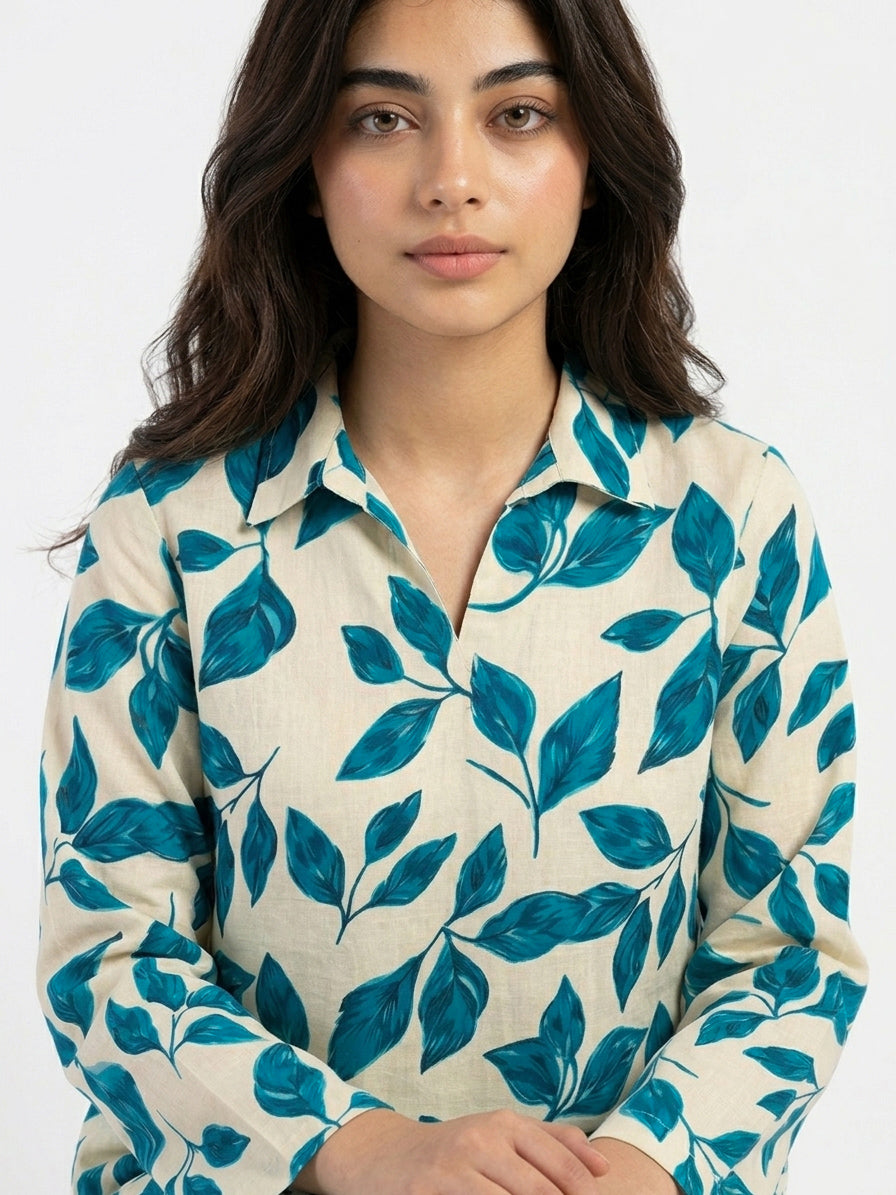 Blue Leaf Printed 2 Piece Suit for Women