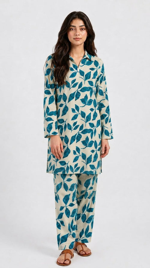 Blue Leaf Printed 2 Piece Suit for Women